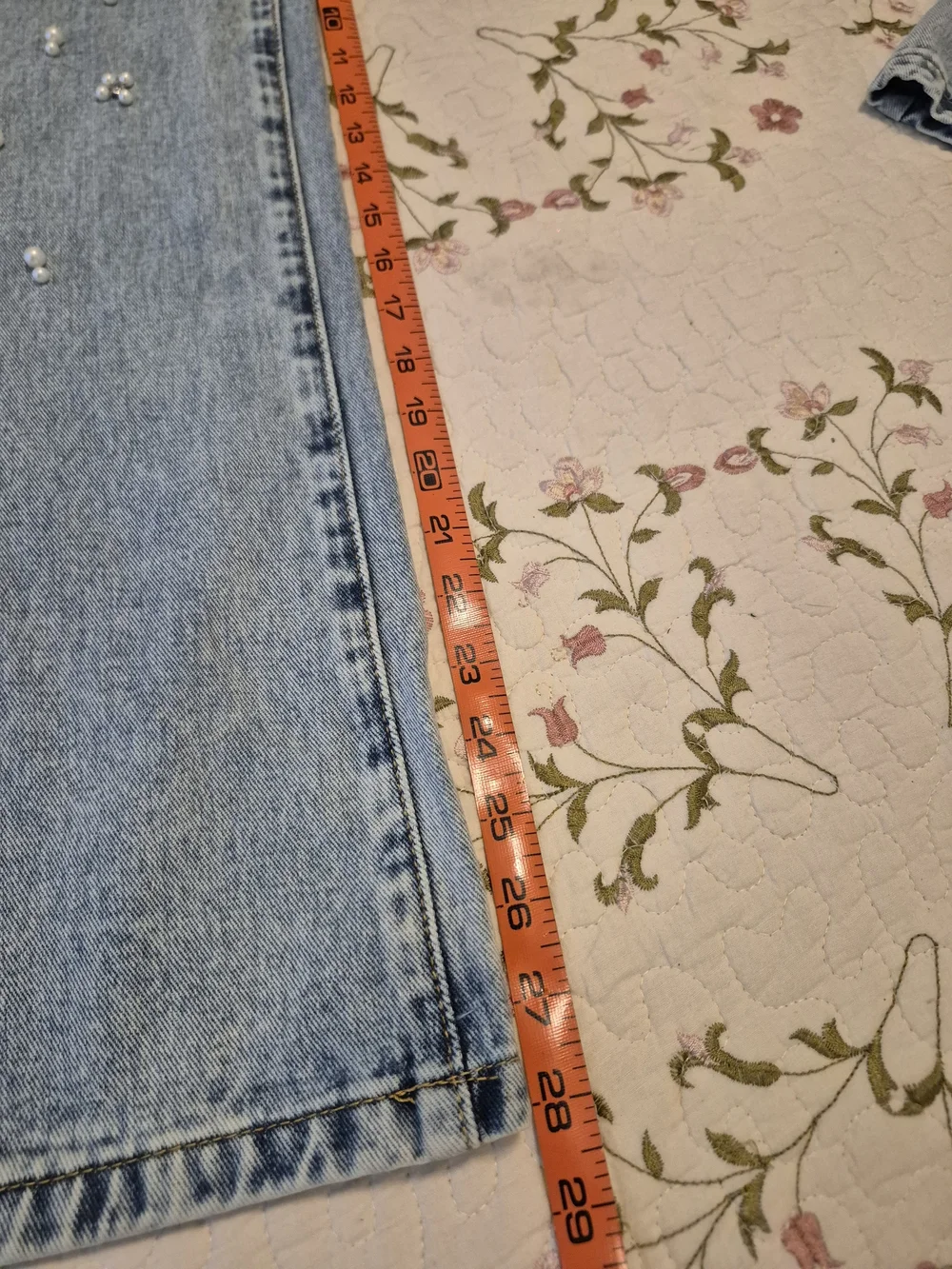 Light Blue Pearl And Rhinestone Studded Barrel Wide-Leg Jeans New Without Tags